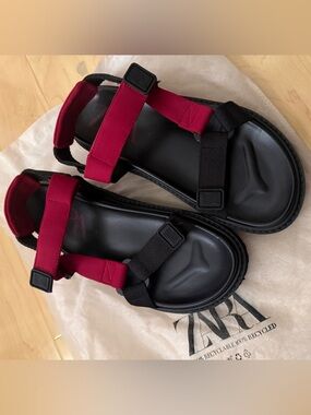 Zara Black and Red Sporty Sandals with Chunky Sole